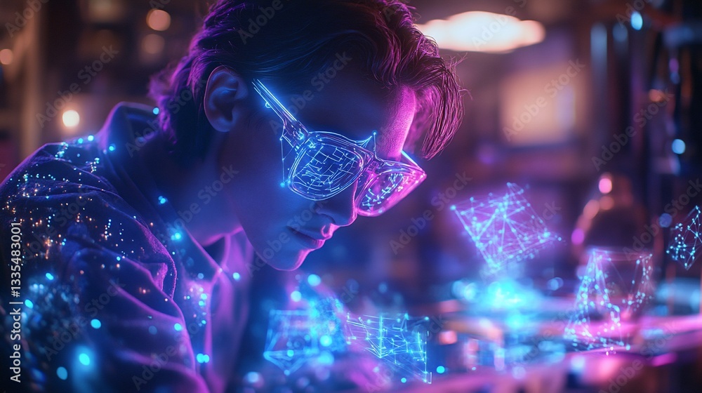 Poster a person immersed in augmented reality technology, exploring holographic displays and futuristic int