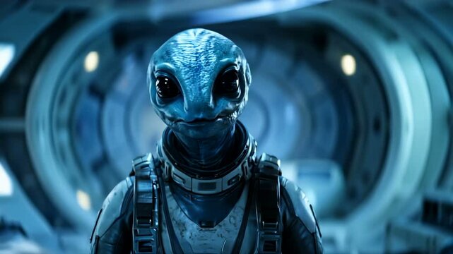 An imaginative futuristic alien character set within the vast expanse of a remarkable space environment