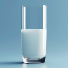 The glass of milk on wooden table. Glass of fresh white milk on blue background in the kitchen. Vertical image.