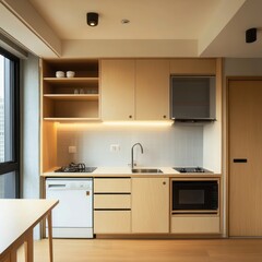 Modern and minimalist kitchen displaying cabinetry appliances and fixtures