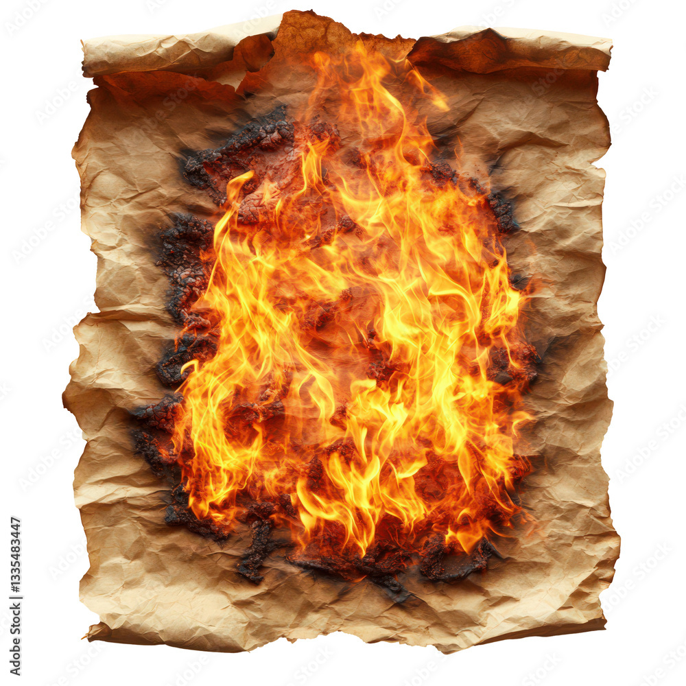 Poster fiery parchment burning with intense flames for design element use