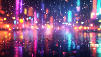 Fototapeta premium Artistic and vibrant blurred lights background with neon hues and rain droplets for modern