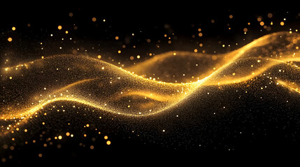 Abstract modern luxury golden wave lines gold particles with lighting effect on black background