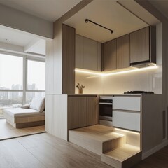 Fototapeta premium Modern small kitchen design with integrated living room space