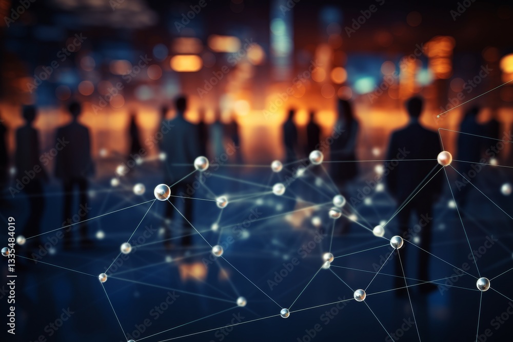 Aufkleber visual representation of a social network connected people icons on a dark bokeh background
