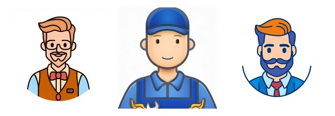 Fototapeta premium Three cartoon men avatars. First one is a teacher with glasses and bow tie, second is a mechanic with a cap, third is a businessman with beard and suit.