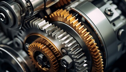 Detailed internal structure of a gearbox featuring gears and plates in industrial silver finish