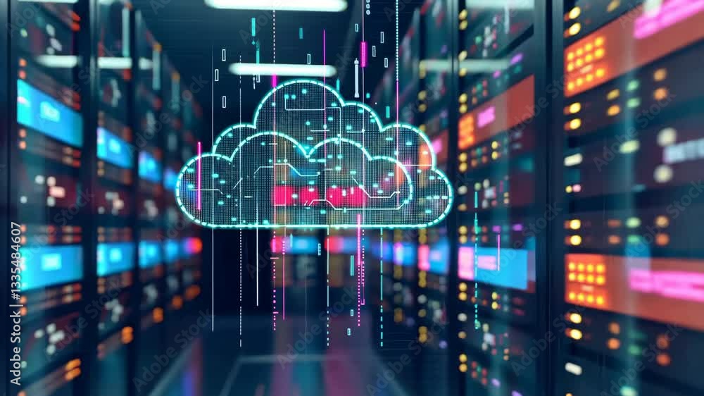 Poster futuristic digital cloud icon in server room symbolizing cloud computing, data storage, and modern t