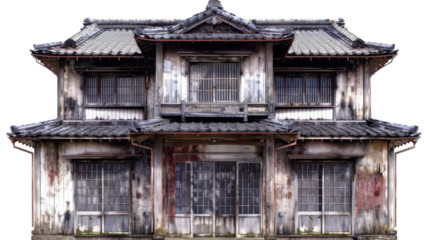 Deserted japanese building showing signs of decay with transparent background