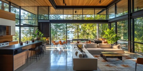 Modern living space with large windows overlooking natural surroundings