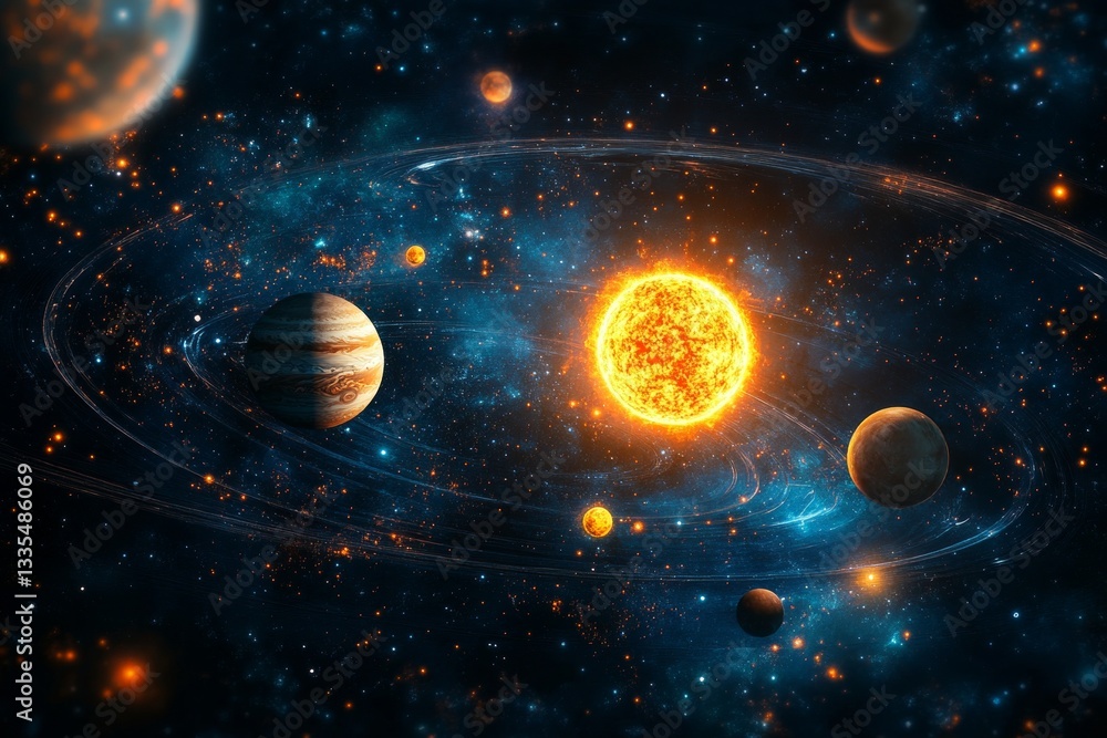 Poster abstract 3d solar system rendering with fire and ice elements in dark blue and orange palette