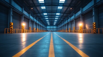 Fototapeta premium A long, vast industrial space with yellow lines, pillars, and a bright, metallic ceiling
