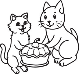 A chubby cat and a puppy enjoying a pumpkin pie coloring page, Bold and easy, the background is white