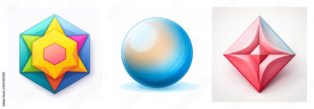 Aufkleber three glossy shapes in a row: a layered hexagon with star center, smooth sphere, and faceted diamond