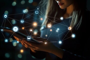Business network concept featuring a woman with tablet connecting social icons in a dark setting