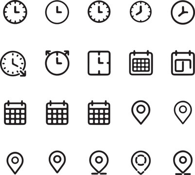Time, date and address line icon set. Clock, calendar, location pin. Editable stroke. Vector illustration.