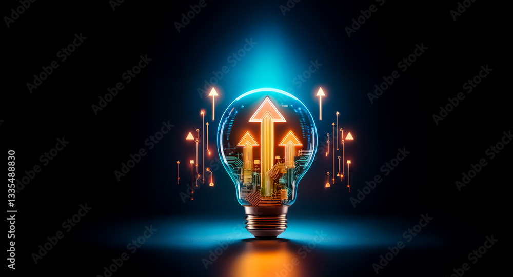 Poster a bright lightbulb illuminates against a dark background, containing orange arrows pointing upwards 