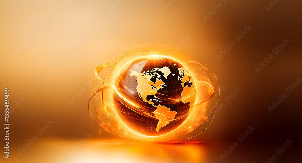 Canvas Prints a glowing orange globe is encircled by dynamic light trails, creating an energetic and abstract desi
