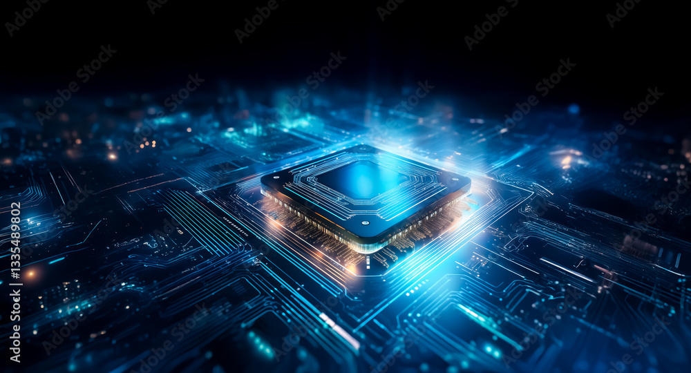 Poster a glowing central processing unit, illuminated with blue light, sits on a dark circuit board with in