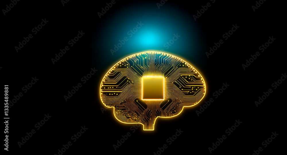 Poster a glowing brain outline with circuit patterns and a central square is illuminated by a blue light ag