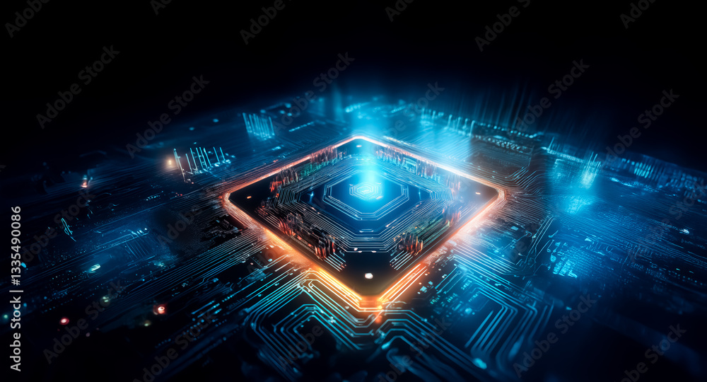 Poster futuristic glowing square chip with intricate circuits emits bright blue light. technology and innov