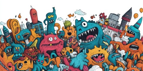 Fototapeta premium A colorful illustration depicting an assortment of cartoon monsters
