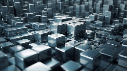 
The photo features reflective metallic cubes arranged in a grid pattern, showcasing a futuristic, symmetrical, and sleek design with intricate details.