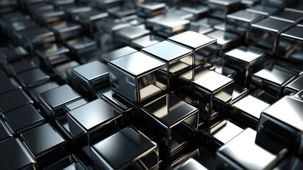 Obraz premium The photo features reflective metallic cubes arranged in a grid pattern, showcasing a futuristic, symmetrical, and sleek design with intricate details.