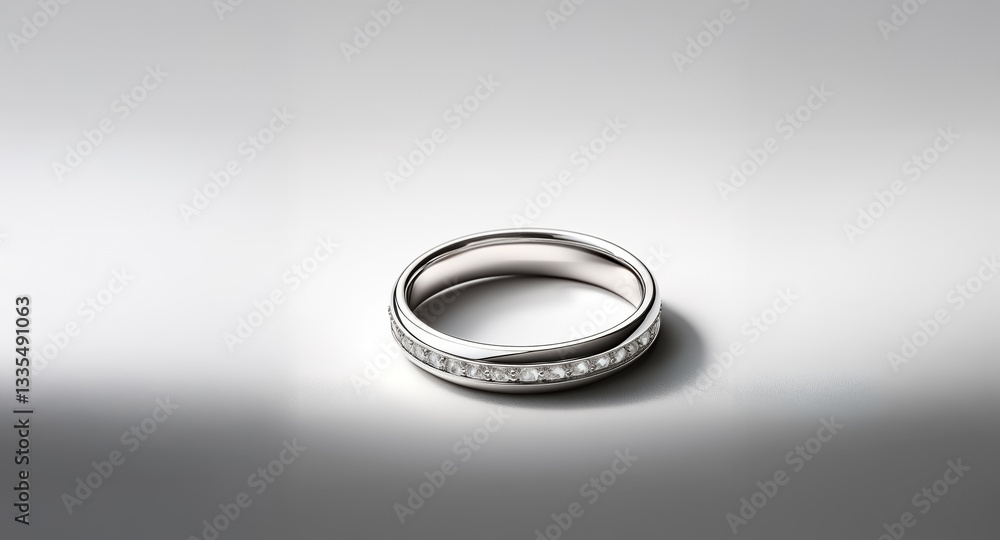 Poster elegant silver ring with embedded stones rests on a bright, plain surface, creating a soft shadow. a