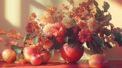 Vibrant flower and fruit arrangement with sunlit apples and autumn blossoms in vase