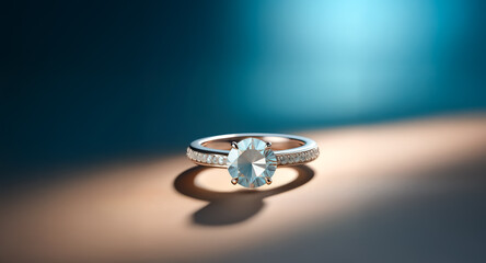 Elegant silver ring with a prominent oval blue gemstone, beautifully illuminated on a gradient blue and orange backdrop.