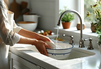 A woman in the kitchen washes dishes in the sink and tidies up