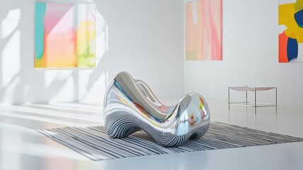 Modern chrome lounge chair in art gallery, sunlight