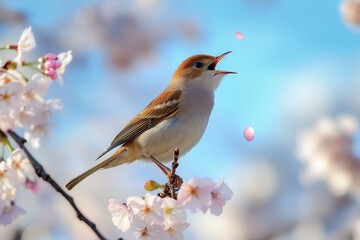 Fototapeta premium Melody in the Cherry Blossoms, Birds singing