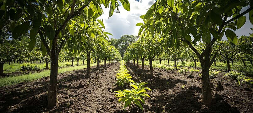 A sustainable agroforestry farm with fruit trees and crops growing together, showing fertile soil and eco-friendly farming methods.