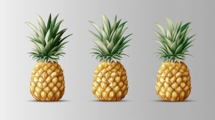 Three fresh pineapples in a row with green leaves on a gray background