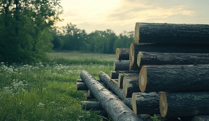 Forest Logs Stacked in Meadow: Nature's Raw Beauty at Sunset, Tranquil and Serene Landscape