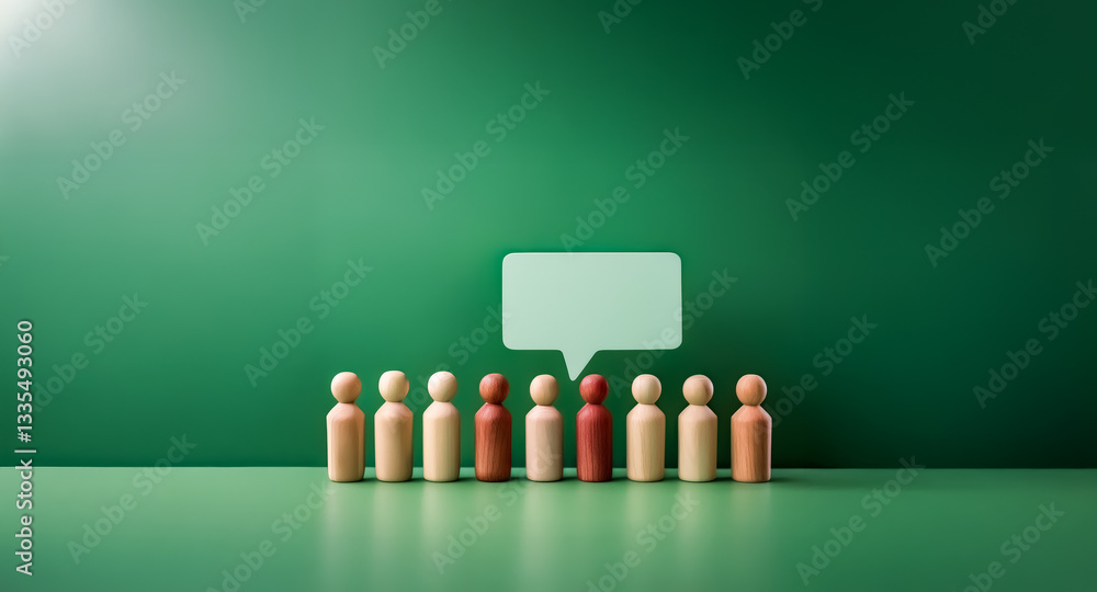 Poster wooden figures lined up on a green surface with a speech bubble above them. it conveys a sense of un