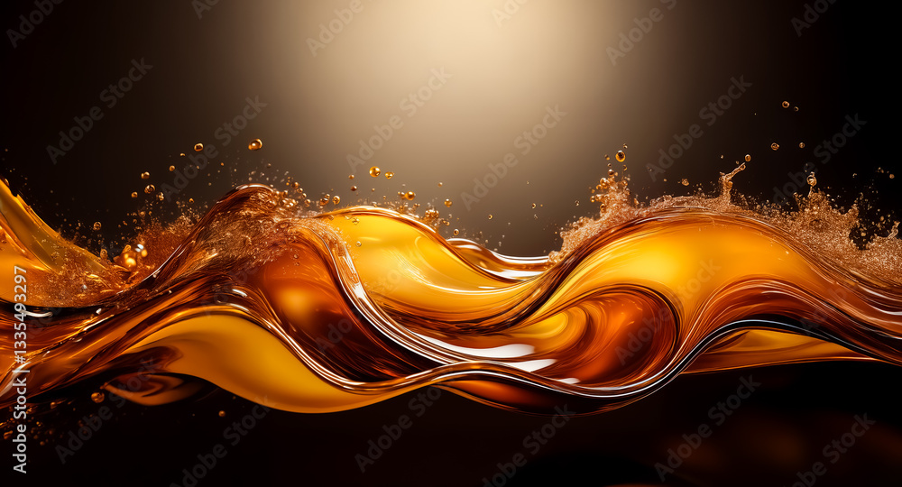 Poster golden liquid wave with splash effect against a dark backdrop. the fluid motion is captured with a s