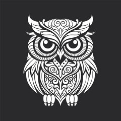 Fototapeta premium Owl Illustration. A highly detailed black and white owl illustration featuring intricate patterns and ornamental elements. For tattoos, wall art, or digital design projects.