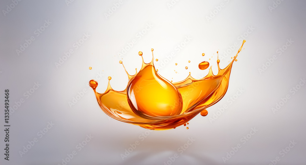 Poster vivid orange liquid bursts and splashes, creating a dynamic crown shape mid-air. fluid motion is cap