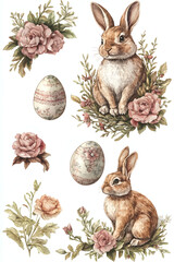 Clipart of a cute bunny with Easter eggs and flowers isolated on a transparent background. Hand-drawn watercolor sticker with white border. 