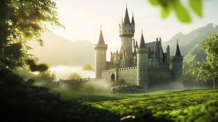 Obraz premium Enchanted Medieval Fortress in a Serene Landscape with Rolling Hills and Lush Greenery