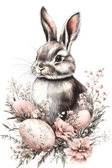 Hand-drawn brown rabbit sitting among floral branches with speckled Easter eggs on a white background. Vintage botanical watercolor illustration. Easter celebration and springtime holiday concept. Des