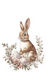 Hand-drawn brown rabbit sitting among floral branches with speckled Easter eggs on a white background. Vintage botanical watercolor illustration. Easter celebration and springtime holiday concept. Des