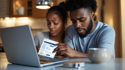 Concerned couple analyze financial data on a digital tablet and laptop