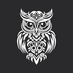 Obraz premium Owl Illustration. A highly detailed black and white owl illustration featuring intricate patterns and ornamental elements. For tattoos, wall art, or digital design projects.