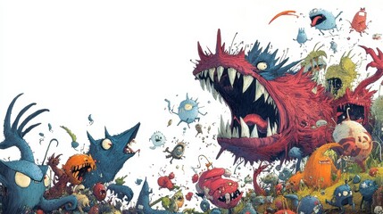 A chaotic illustration featuring many cartoonish and bizarre monsters