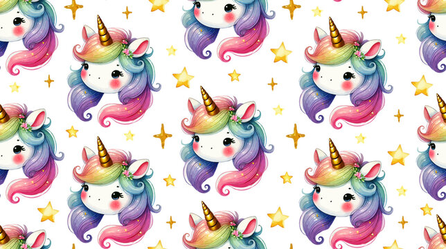 Adorable seamless pattern featuring kawaii unicorns with rainbow hair,golden horns and sparking stars. Perfect for kids textiles, wrapping paper, digital backgrounds, design, notebook cover, gift - Powered by Adobe