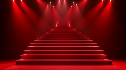 Red carpet stairs lit by spotlights.